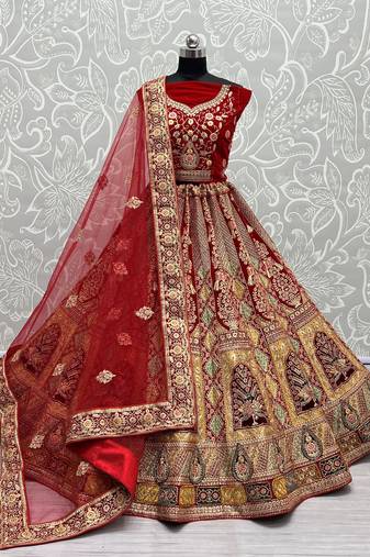 Women's Red Velvet Fancy Dori, Zari with Multi Thread Embroidered Wedding Lehenga Choli