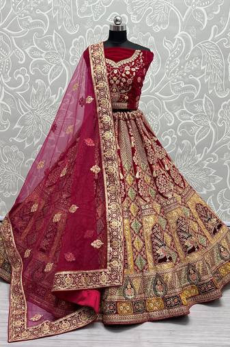Women's Rani Pink Velvet Fancy Dori, Zari with Multi Thread Embroidered Wedding Lehenga Choli