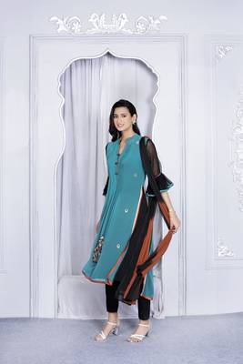 Nikhaar green embroidered georgette stitched straight cut trouser kurta & dupatta  3