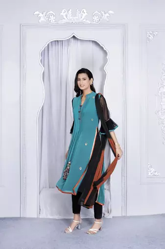 Nikhaar green embroidered georgette stitched straight cut trouser kurta & dupatta 