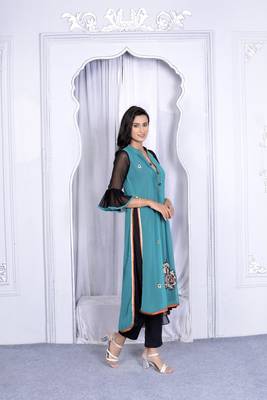 Nikhaar green embroidered georgette stitched straight cut trouser kurta & dupatta  4