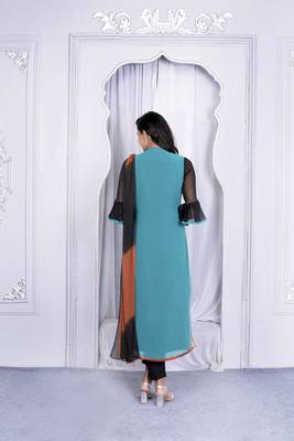 Nikhaar green embroidered georgette stitched straight cut trouser kurta & dupatta  5