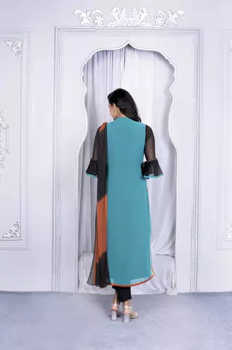 Nikhaar green embroidered georgette stitched straight cut trouser kurta & dupatta 