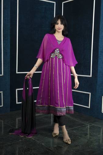 Nikhaar magenta embroidered georgette stitched anarkali trouser kurta & dupatta 