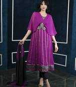 Nikhaar magenta embroidered georgette stitched anarkali trouser kurta & dupatta 