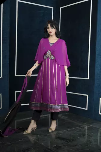 Nikhaar magenta embroidered georgette stitched anarkali trouser kurta & dupatta 
