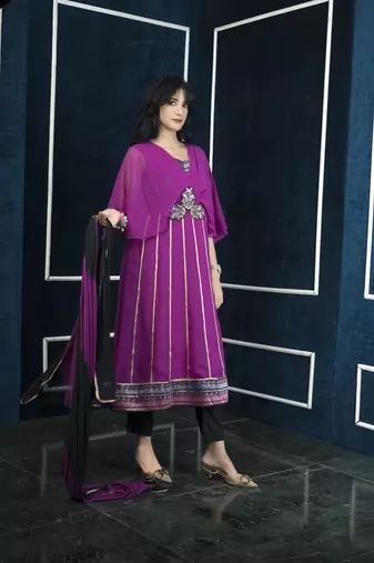 Nikhaar magenta embroidered georgette stitched anarkali trouser kurta & dupatta 