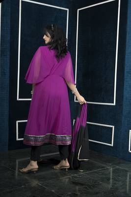 Nikhaar magenta embroidered georgette stitched anarkali trouser kurta & dupatta  5
