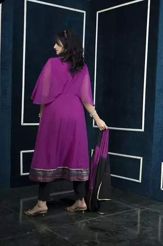Nikhaar magenta embroidered georgette stitched anarkali trouser kurta & dupatta 