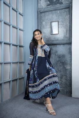 Nikhaar navy blue embroidered georgette stitched anarkali trouser kurta & dupatta  1