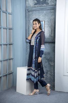 Nikhaar navy blue embroidered georgette stitched anarkali trouser kurta & dupatta  3