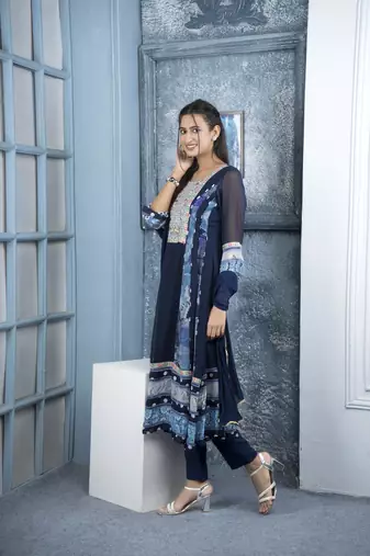 Nikhaar navy blue embroidered georgette stitched anarkali trouser kurta & dupatta 