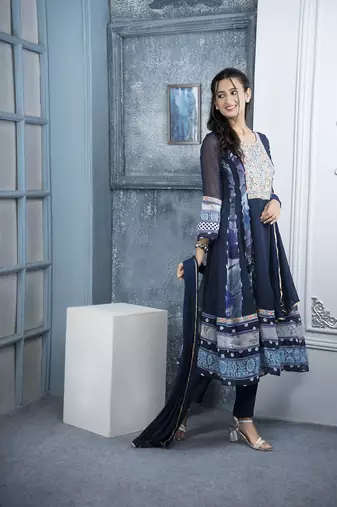 Nikhaar navy blue embroidered georgette stitched anarkali trouser kurta & dupatta 