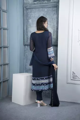 Nikhaar navy blue embroidered georgette stitched anarkali trouser kurta & dupatta 