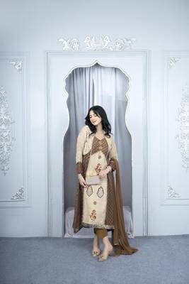 Nikhaar beige embroidered silk stitched asymmetrical trouser kurta & dupatta  1