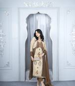 Nikhaar beige embroidered silk stitched asymmetrical trouser kurta & dupatta 