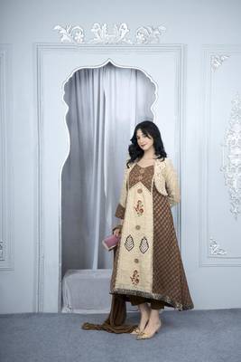 Nikhaar beige embroidered silk stitched asymmetrical trouser kurta & dupatta  3