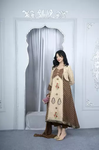 Nikhaar beige embroidered silk stitched asymmetrical trouser kurta & dupatta 