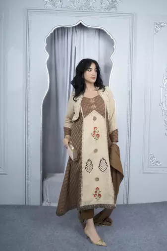 Nikhaar beige embroidered silk stitched asymmetrical trouser kurta & dupatta 
