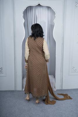 Nikhaar beige embroidered silk stitched asymmetrical trouser kurta & dupatta  5