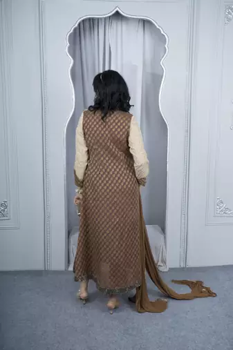 Nikhaar beige embroidered silk stitched asymmetrical trouser kurta & dupatta 