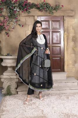 Nikhaar black embroidered georgette stitched asymmetrical trouser kurta & dupatta  1
