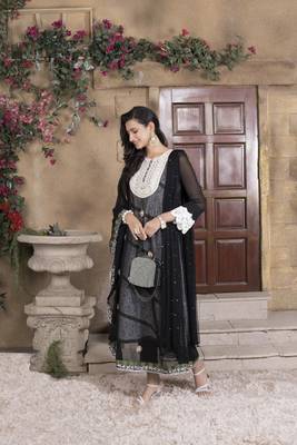 Nikhaar black embroidered georgette stitched asymmetrical trouser kurta & dupatta  3
