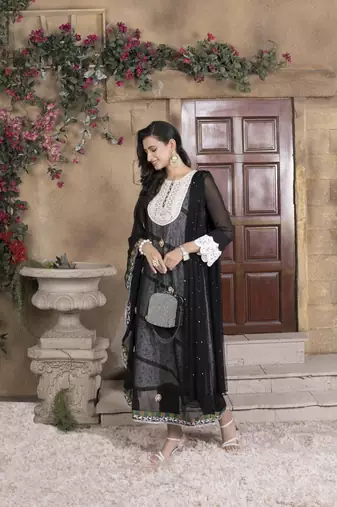 Nikhaar black embroidered georgette stitched asymmetrical trouser kurta & dupatta 
