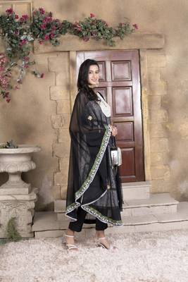 Nikhaar black embroidered georgette stitched asymmetrical trouser kurta & dupatta  4