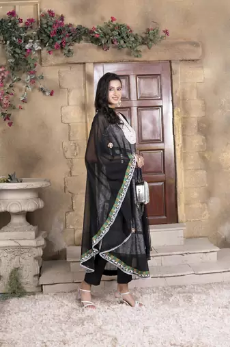 Nikhaar black embroidered georgette stitched asymmetrical trouser kurta & dupatta 