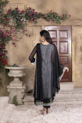 Nikhaar black embroidered georgette stitched asymmetrical trouser kurta & dupatta  5