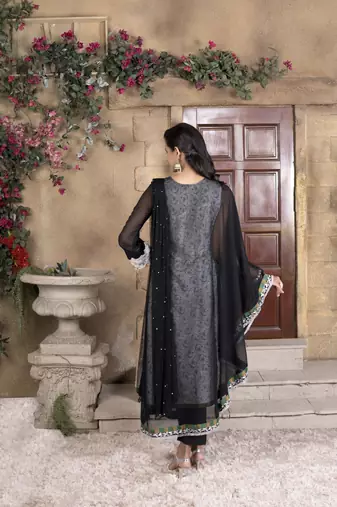Nikhaar black embroidered georgette stitched asymmetrical trouser kurta & dupatta 