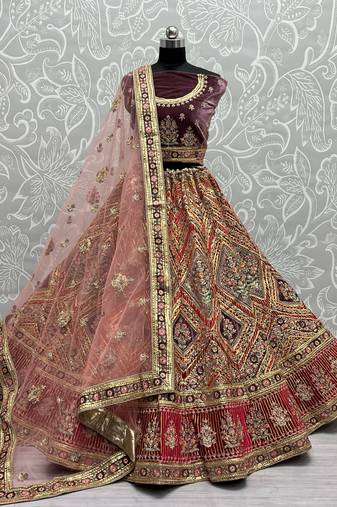Women's Purple Velvet Golden Gotta, Multi Thread Embroidered with Diamond Work Wedding Lehenga Choli