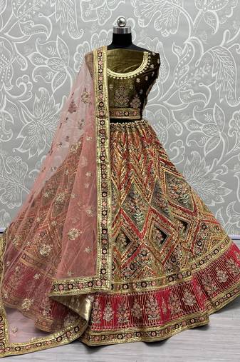 Women's Pista Green Velvet Golden Gotta, Multi Thread Embroidered with Diamond Work Wedding Lehenga Choli