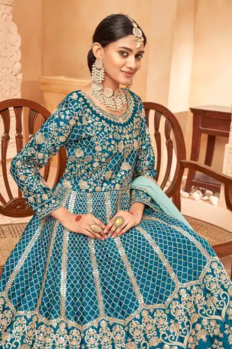 Teal embroidered art silk anarkali suit