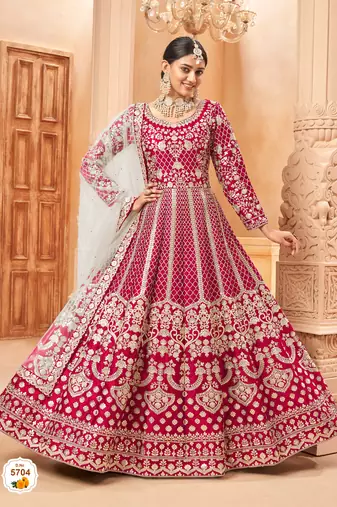 Red embroidered art silk anarkali suit