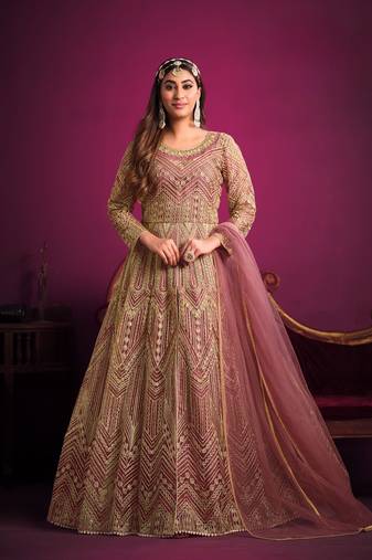 Pink embroidered net semi stitched anarkali suit