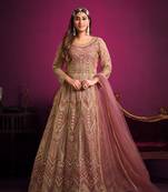 Pink embroidered net semi stitched anarkali suit