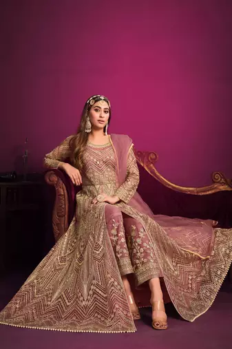 Pink embroidered net anarkali suit