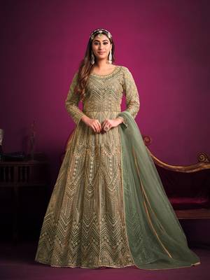 Green embroidered net anarkali suit 1