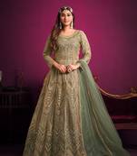 Green embroidered net semi stitched anarkali suit
