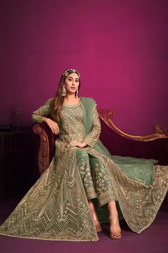Green embroidered net anarkali suit