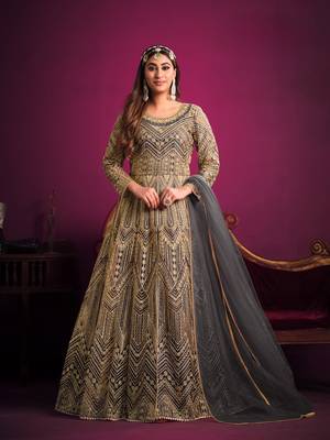 Grey embroidered net anarkali suit 1