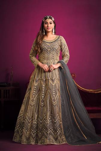 Grey embroidered net semi stitched anarkali suit
