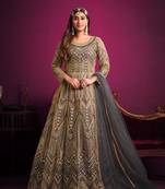 Grey embroidered net semi stitched anarkali suit