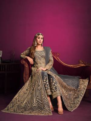 Grey embroidered net anarkali suit 2