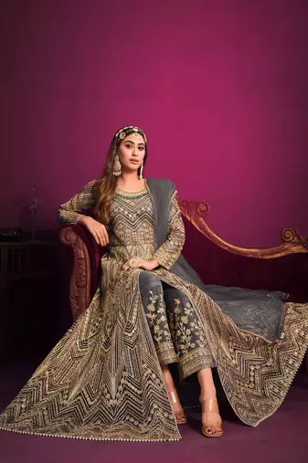 Grey embroidered net anarkali suit