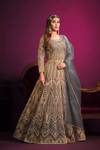 Grey embroidered net anarkali suit