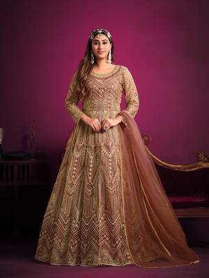 Orange embroidered net anarkali suit 1