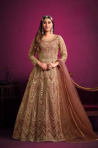 Orange embroidered net semi stitched anarkali suit